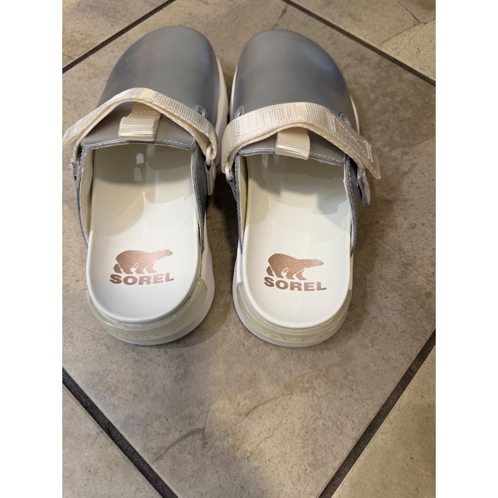 Sorel Kinetic Impact II Mule Metallic Silver Scalloped Platform Clog Shoes